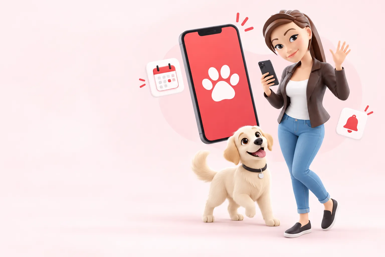 Trainerin winkt mit Handy, daneben ein großes Smartphone mit Pfoten-Symbol und ihr Hund