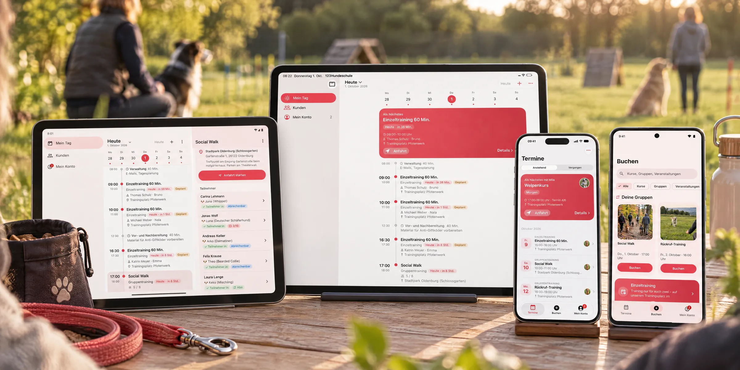 iPhone, iPad, Android-Smartphone und Android-Tablet mit der 123Hundeschule-App