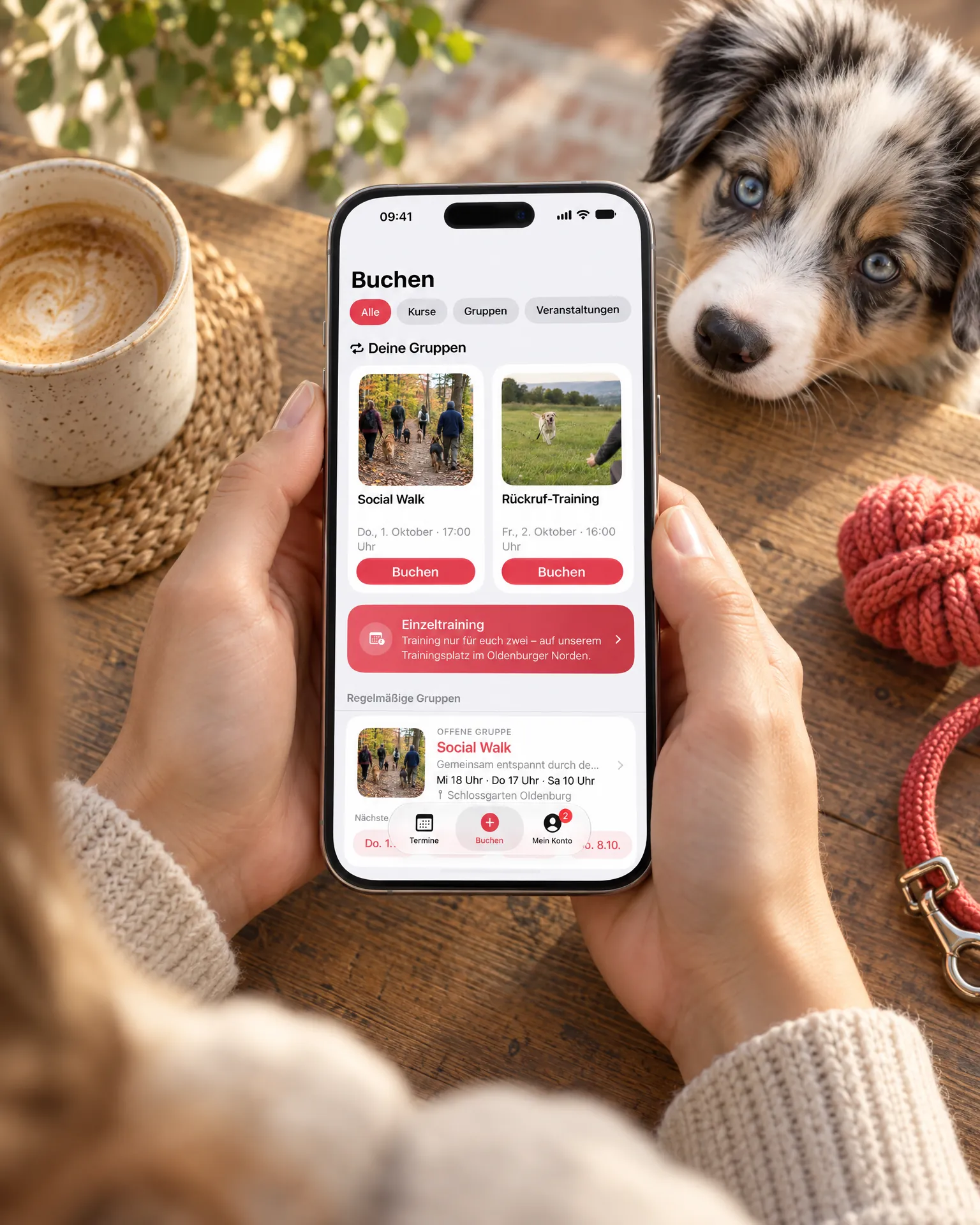 Hände halten ein iPhone mit dem Buchungsbereich, ein Australian-Shepherd-Welpe schaut zu