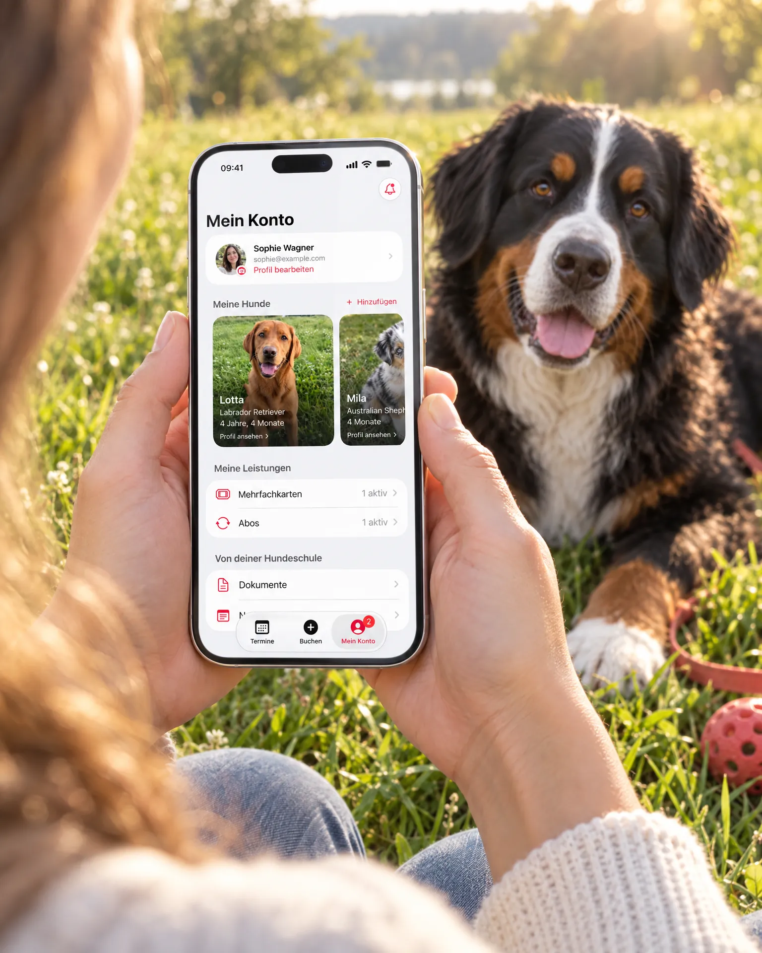 iPhone mit dem Konto einer Kundin, ihren Hunden und 10er-Karte, dahinter ein Berner Sennenhund