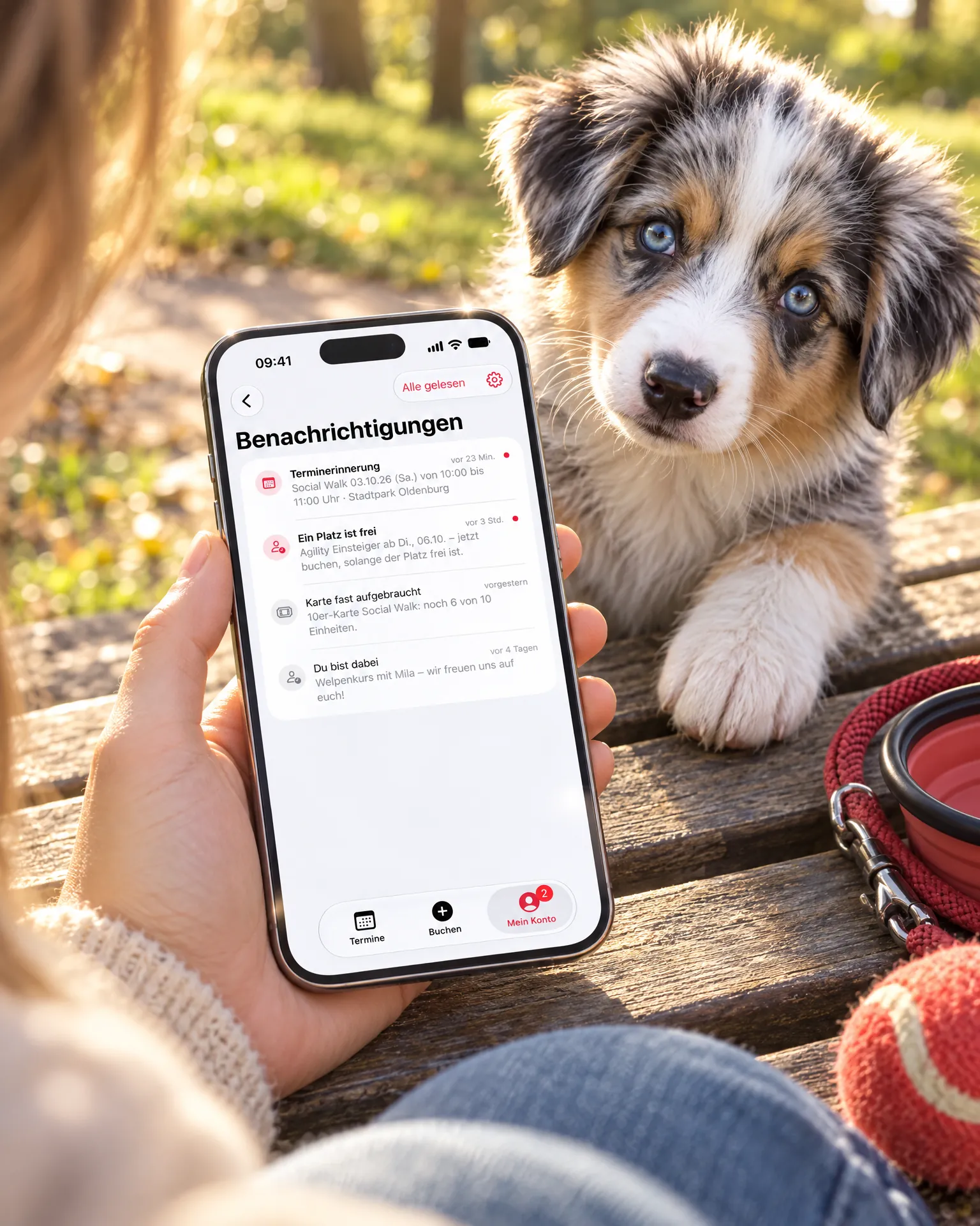 iPhone auf einer Parkbank mit Benachrichtigungen der Hundeschule, daneben ein Welpe