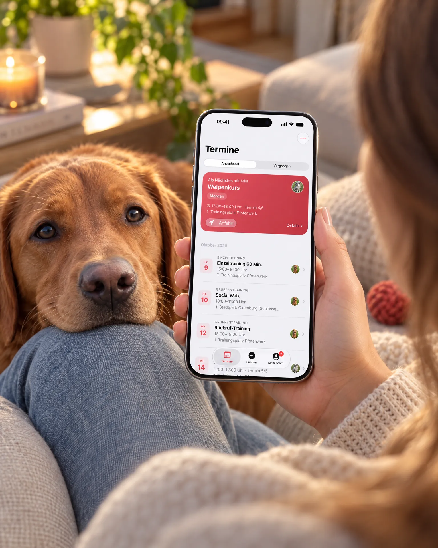 Halterin auf dem Sofa mit ihrem Labrador, auf dem iPhone die Terminübersicht der Hundeschule