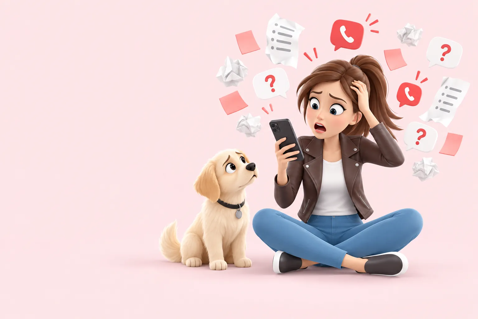 Gestresste Trainerin mit Handy, umgeben von Chat-Nachrichten, Anrufen und Zetteln