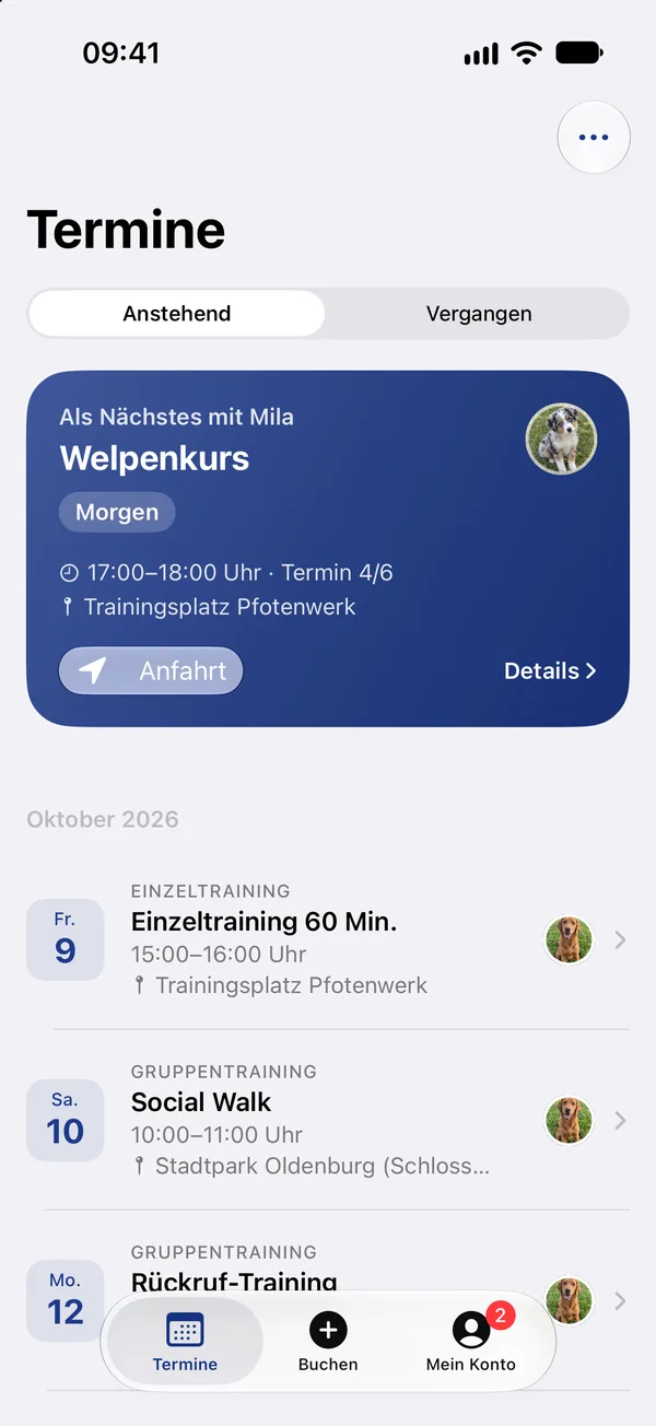App-Kund:innen-Ansicht im Design der Hundeschule Nordlicht