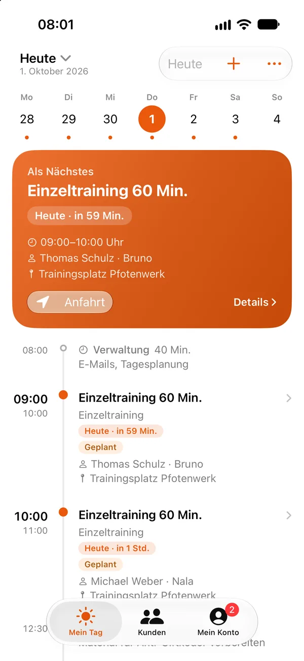 App-Team-Ansicht im Design der Hundeschule Sonnenwiese