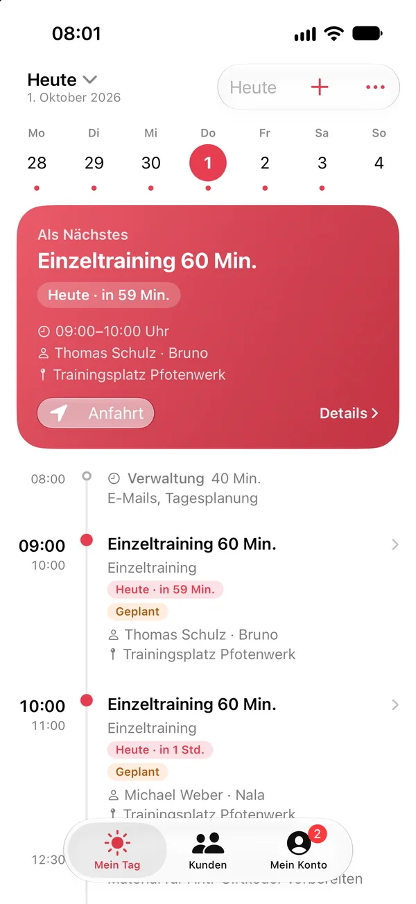 App-Team-Ansicht im Design der Hundeschule Pfotenwerk