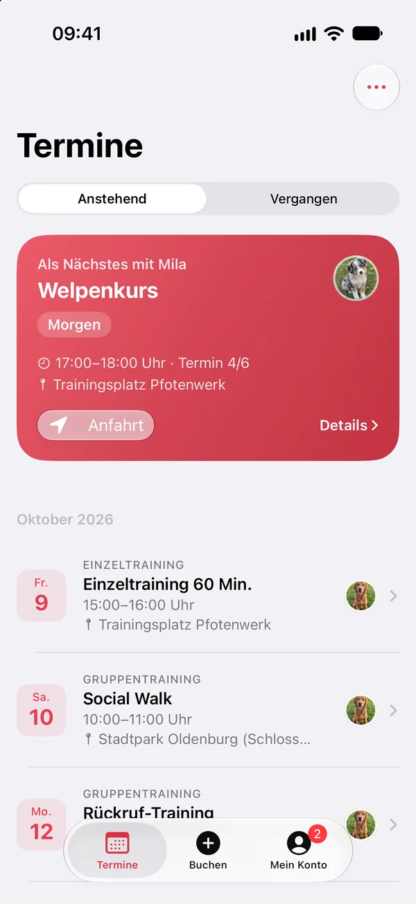 App-Kund:innen-Ansicht im Design der Hundeschule Pfotenwerk