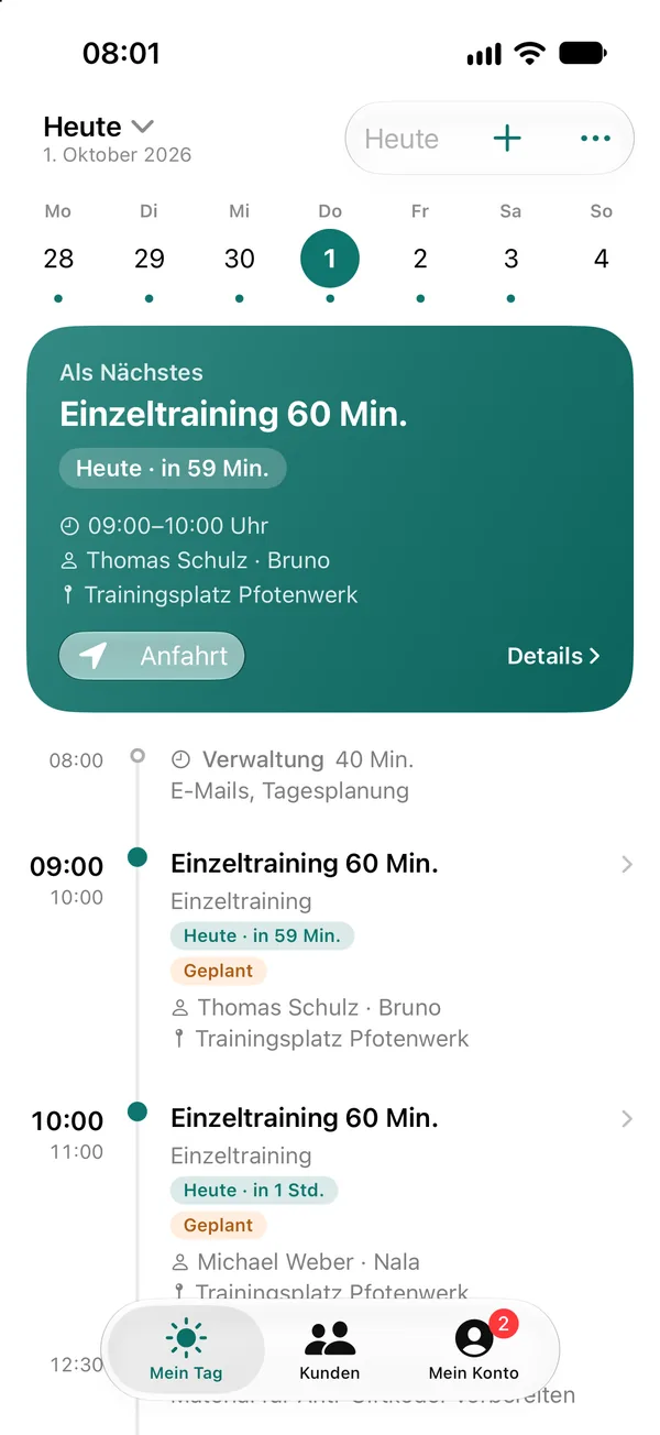 App-Team-Ansicht im Design der Hundeschule Seeblick