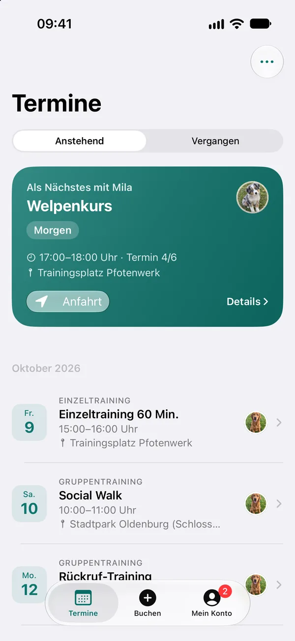 App-Kund:innen-Ansicht im Design der Hundeschule Seeblick